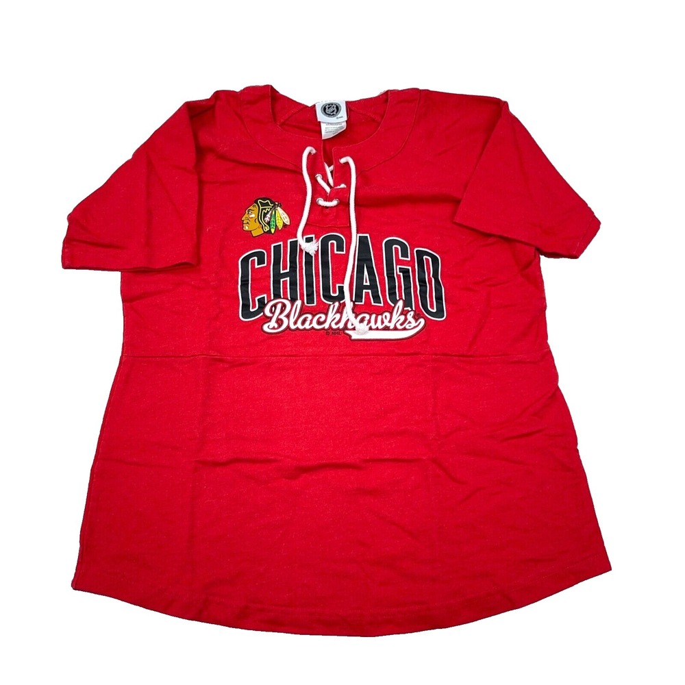 Chicago Blackhawks Shirt Women Large Red Laced Neck Jersey Tee Ladies Top NHL *
